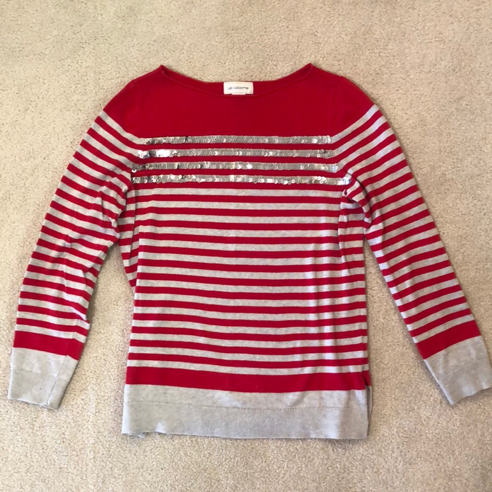 Red/grey striped festive sweater with sequin accents; great condition!